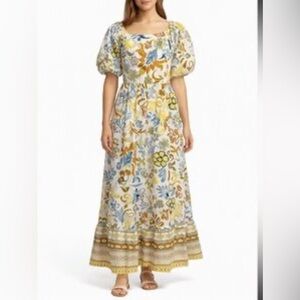 NWT LÉA Elegant Floral Maxi Dress with Puff Sleeves 100% Cotton Multicolor 3XL